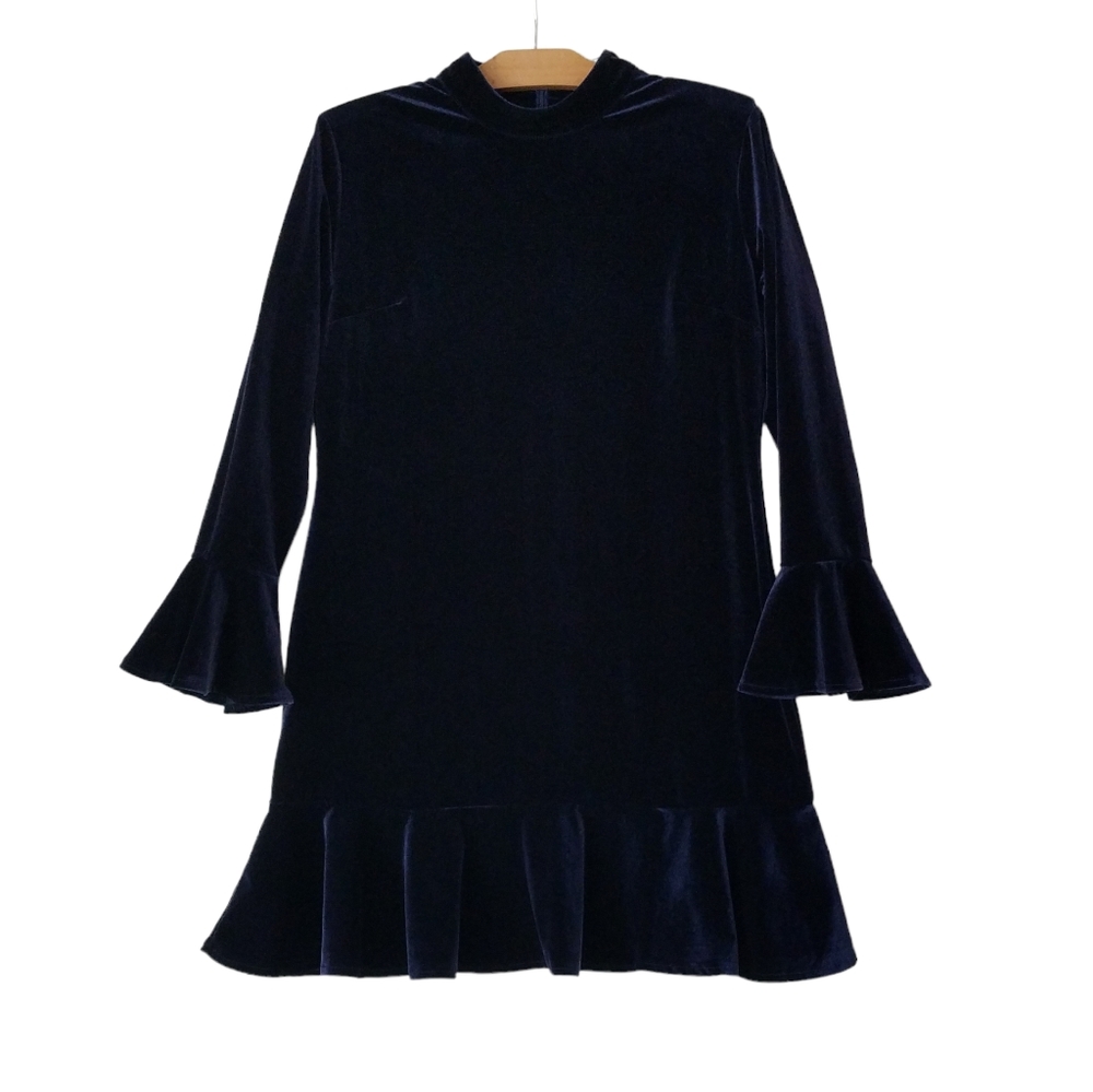R.Vivimos Womens XL Velvet Dress Long Sleeve High Neck Ruffle Mini Midnight Blue